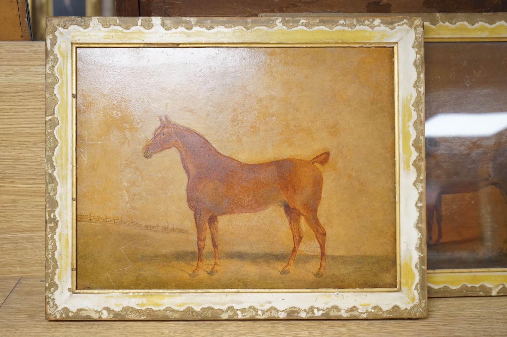 Late 19th century, Studies of horses before landscapes, pair of prints and mixed medias on canvas, 30 x 40cm
